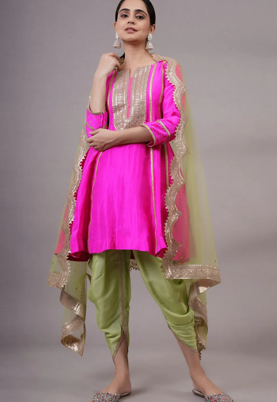Embroidered Uppada Silk Punjabi Suit in Fuchsia
