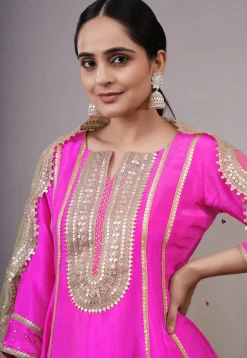 Embroidered Uppada Silk Punjabi Suit in Fuchsia