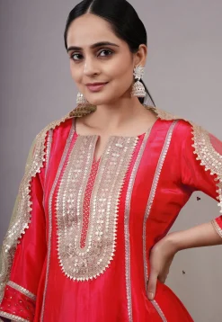 Embroidered Uppada Silk Punjabi Suit in Red