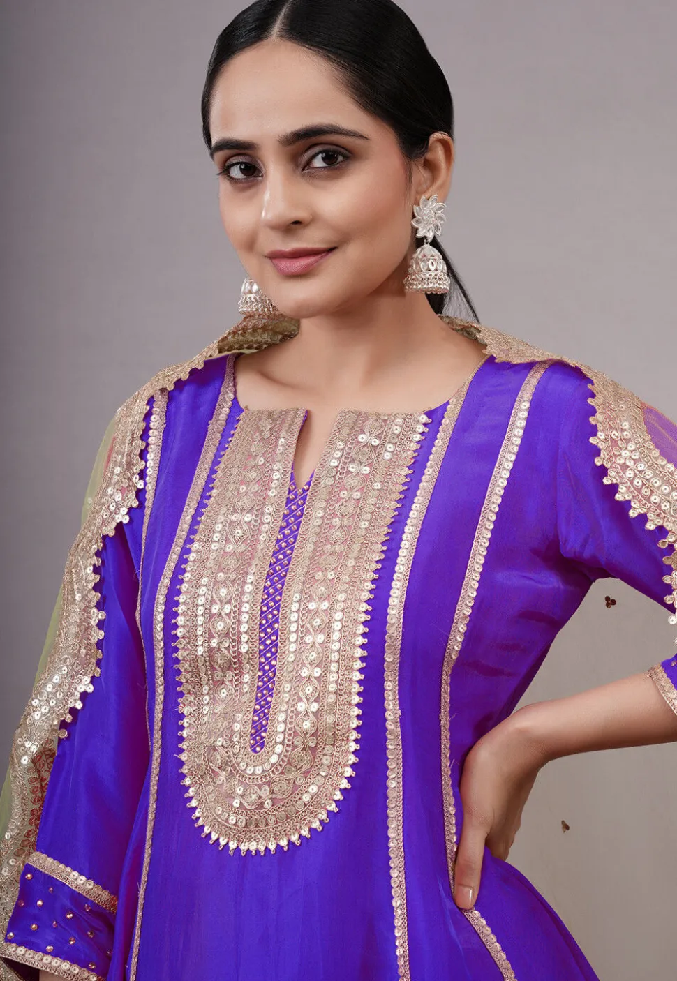 Embroidered Uppada Silk Punjabi Suit in Blue