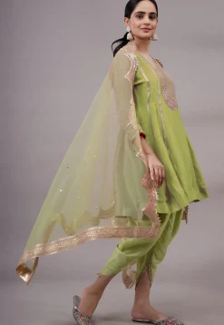 Embroidered Uppada Silk Punjabi Suit in Olive Green