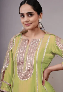 Embroidered Uppada Silk Punjabi Suit in Olive Green