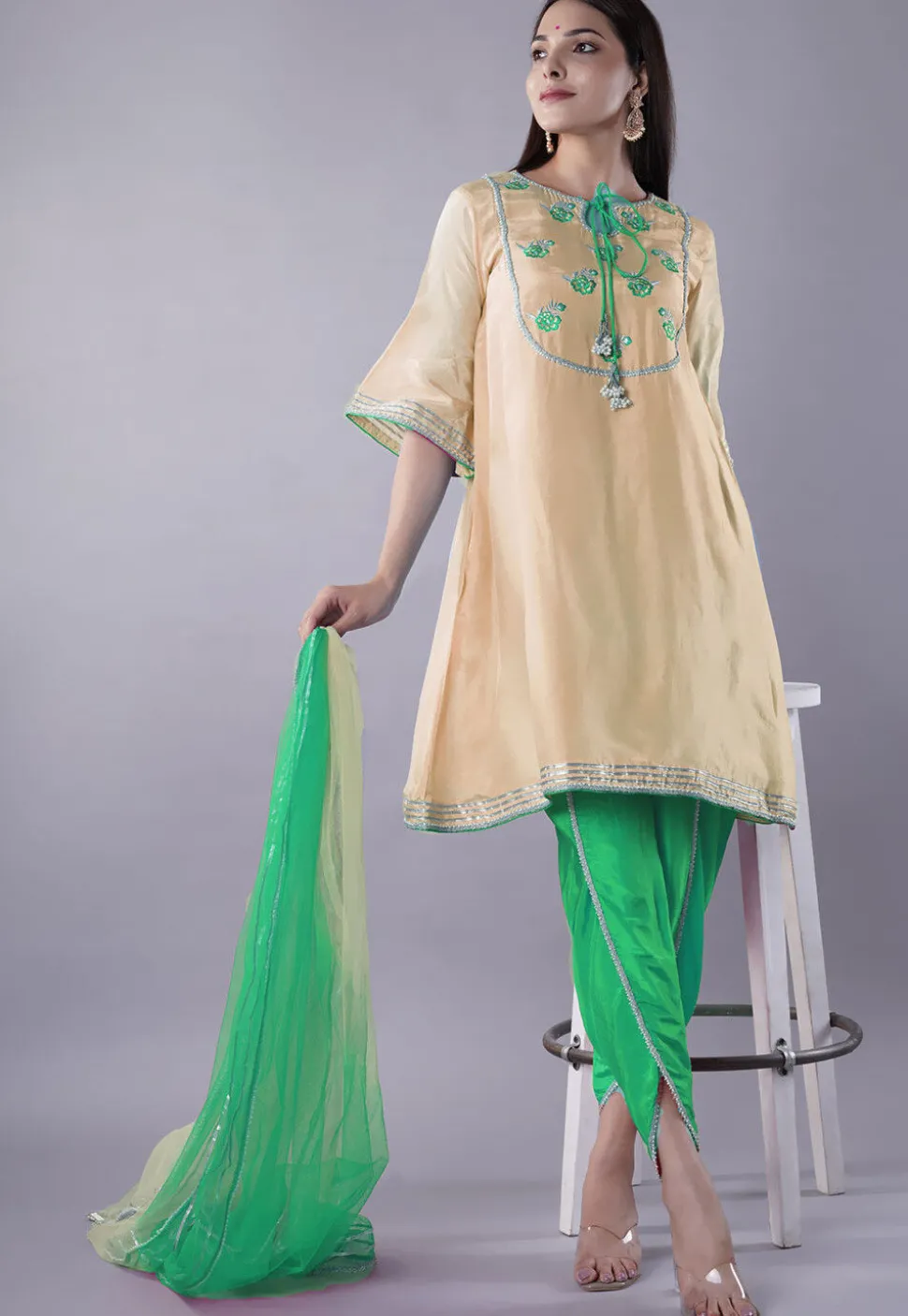 Embroidered Uppada Silk Punjabi Suit in Beige