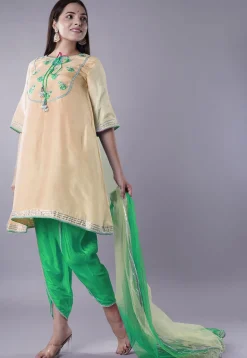Embroidered Uppada Silk Punjabi Suit in Beige