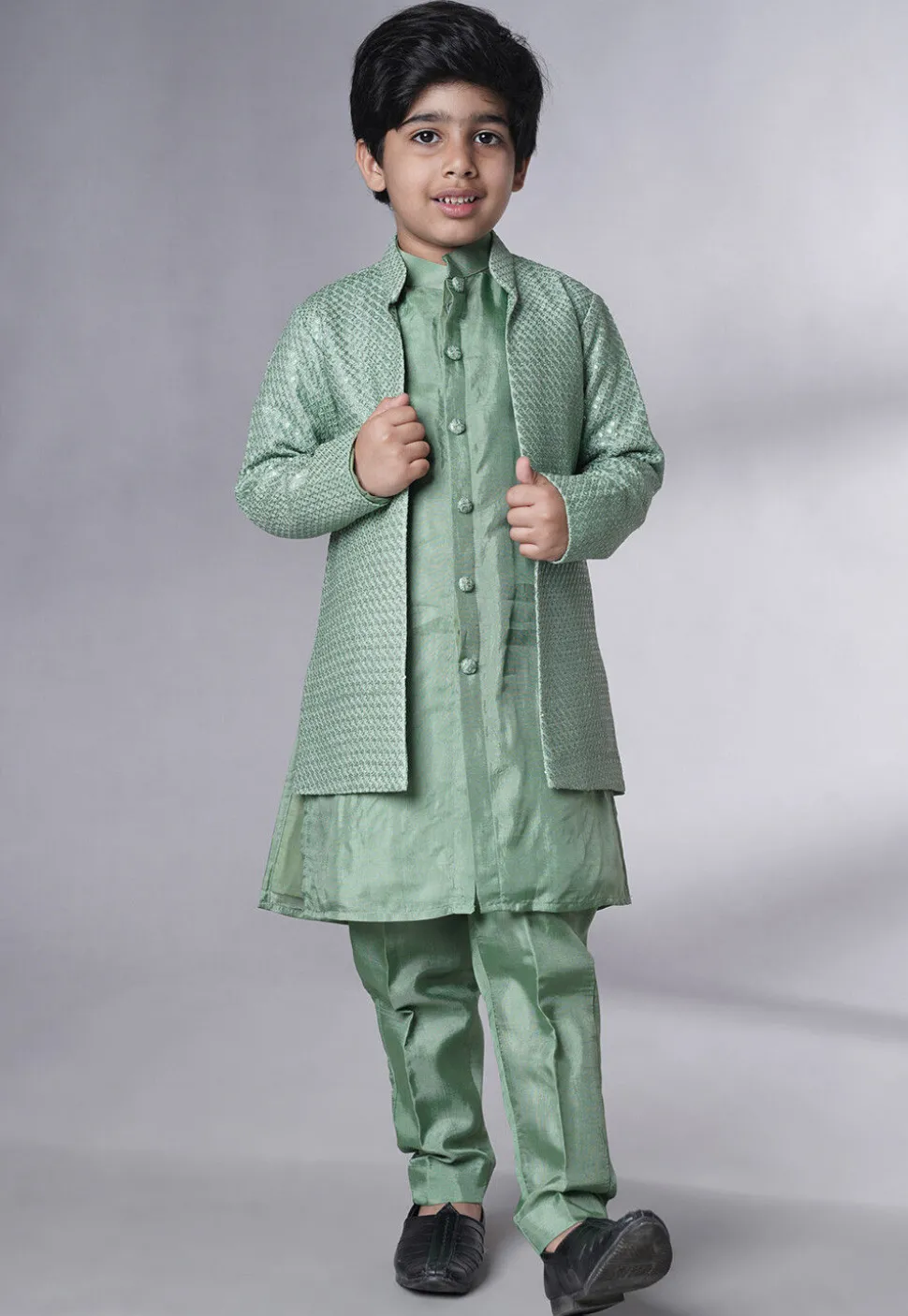 Embroidered Uppada Silk Sherwani Set in Dusty Green