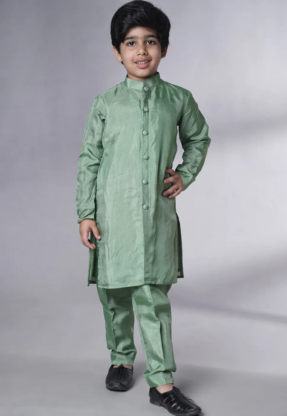 Embroidered Uppada Silk Sherwani Set in Dusty Green