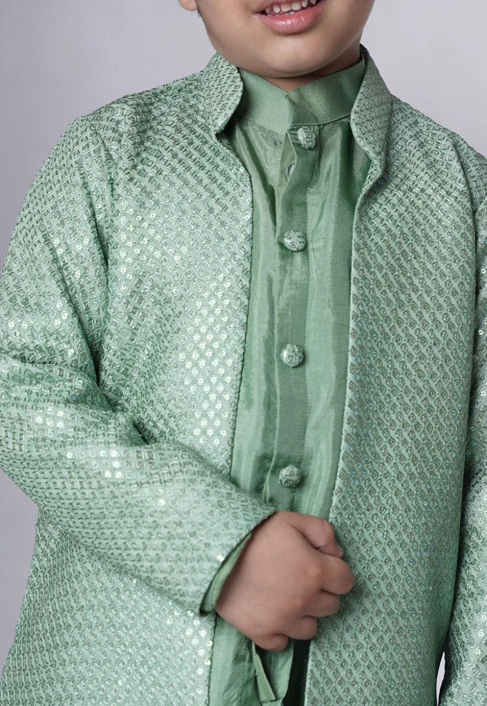 Embroidered Uppada Silk Sherwani Set in Dusty Green