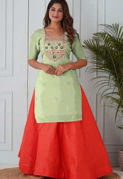 Embroidered Uppada Silk Straight Kurta Set in Pastel Green