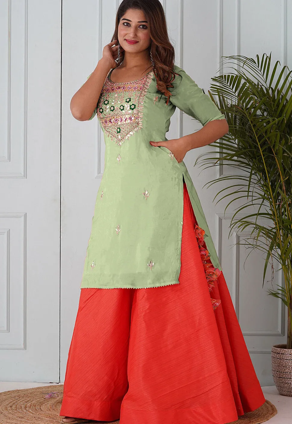 Embroidered Uppada Silk Straight Kurta Set in Pastel Green