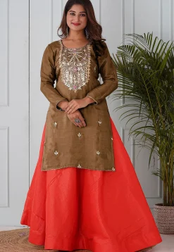 Embroidered Uppada Silk Straight Kurta Set in Brown