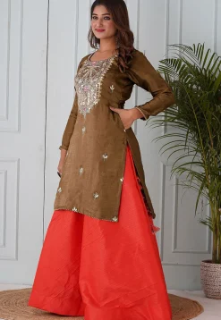 Embroidered Uppada Silk Straight Kurta Set in Brown