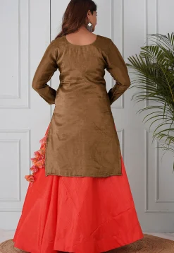Embroidered Uppada Silk Straight Kurta Set in Brown