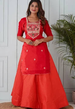 Embroidered Uppada Silk Straight Kurta Set in Red