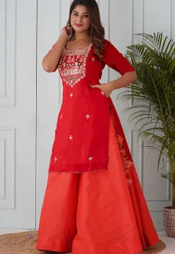 Embroidered Uppada Silk Straight Kurta Set in Red