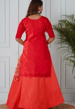 Embroidered Uppada Silk Straight Kurta Set in Red