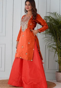Embroidered Uppada Silk Straight Kurta Set in Orange