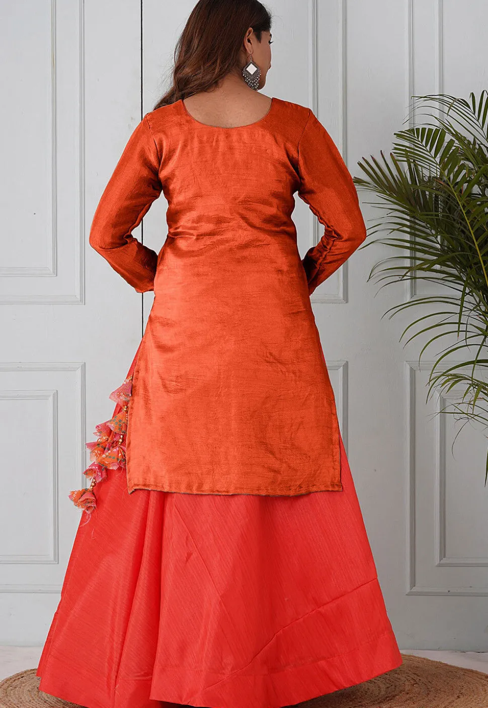 Embroidered Uppada Silk Straight Kurta Set in Orange