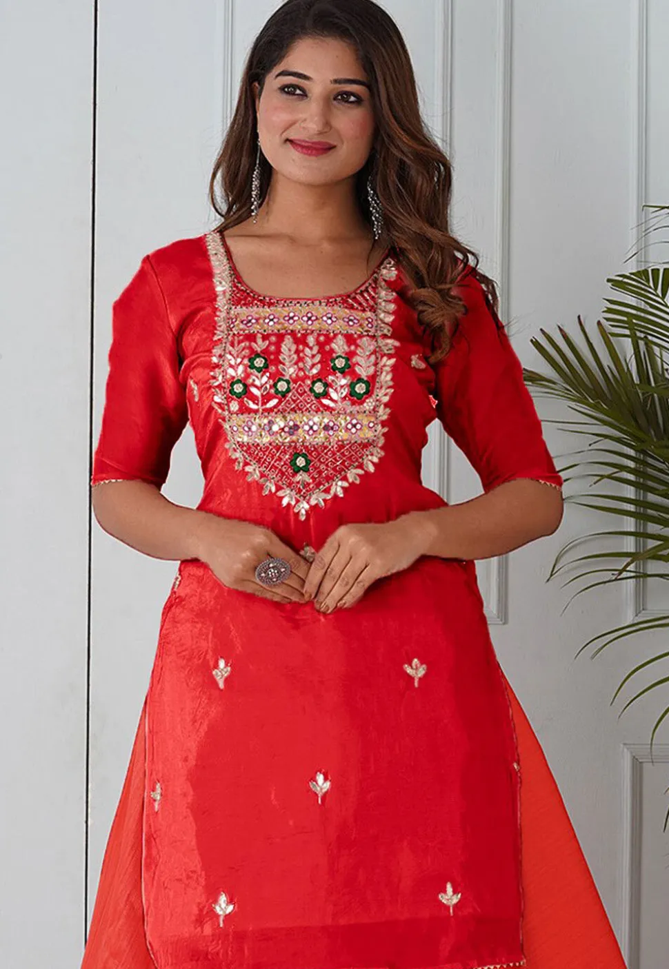 Embroidered Uppada Silk Straight Kurta in Red