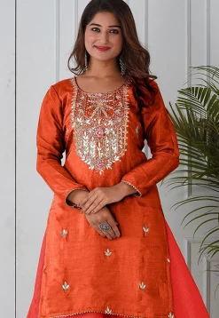 Embroidered Uppada Silk Straight Kurta in Orange