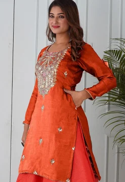 Embroidered Uppada Silk Straight Kurta in Orange