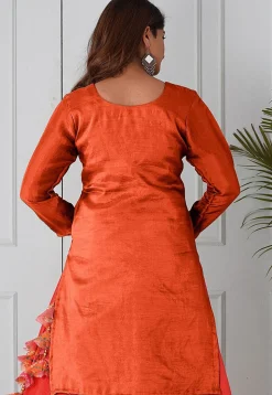 Embroidered Uppada Silk Straight Kurta in Orange