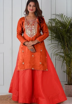 Embroidered Uppada Silk Straight Kurta in Orange