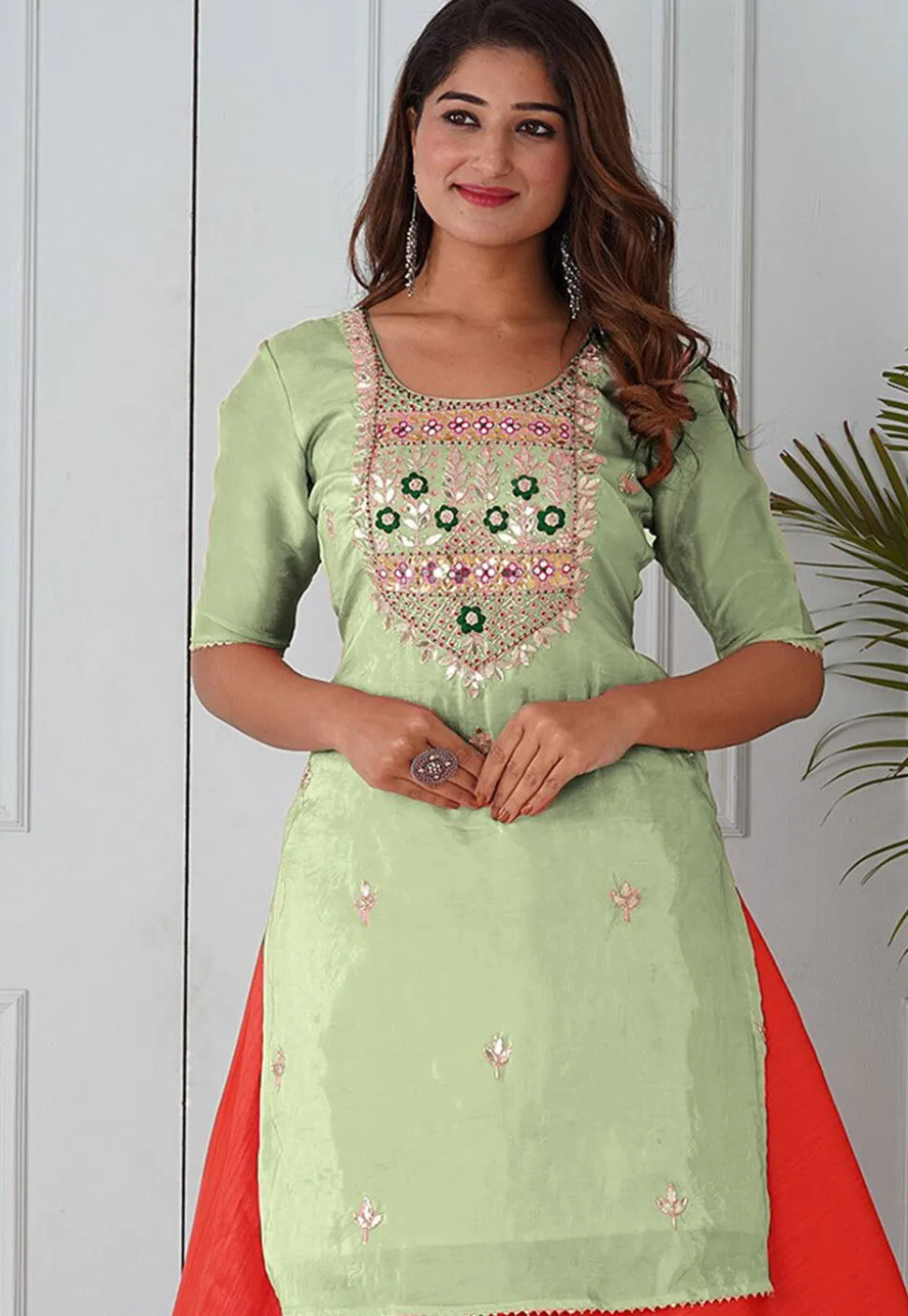 Embroidered Uppada Silk Straight Kurta in Pastel Green