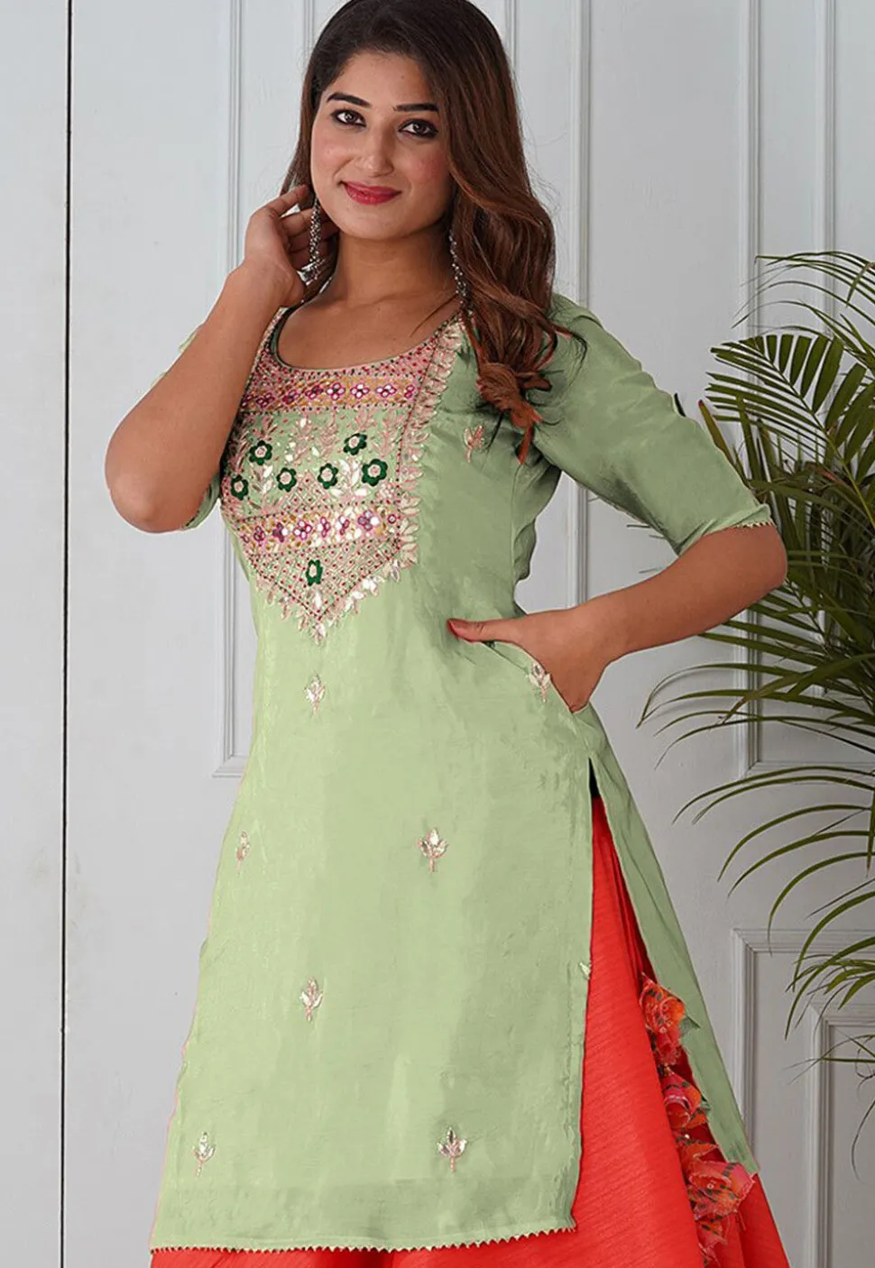 Embroidered Uppada Silk Straight Kurta in Pastel Green
