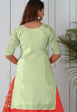 Embroidered Uppada Silk Straight Kurta in Pastel Green