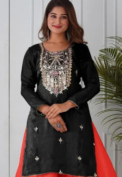 Embroidered Uppada Silk Straight Kurta in Black