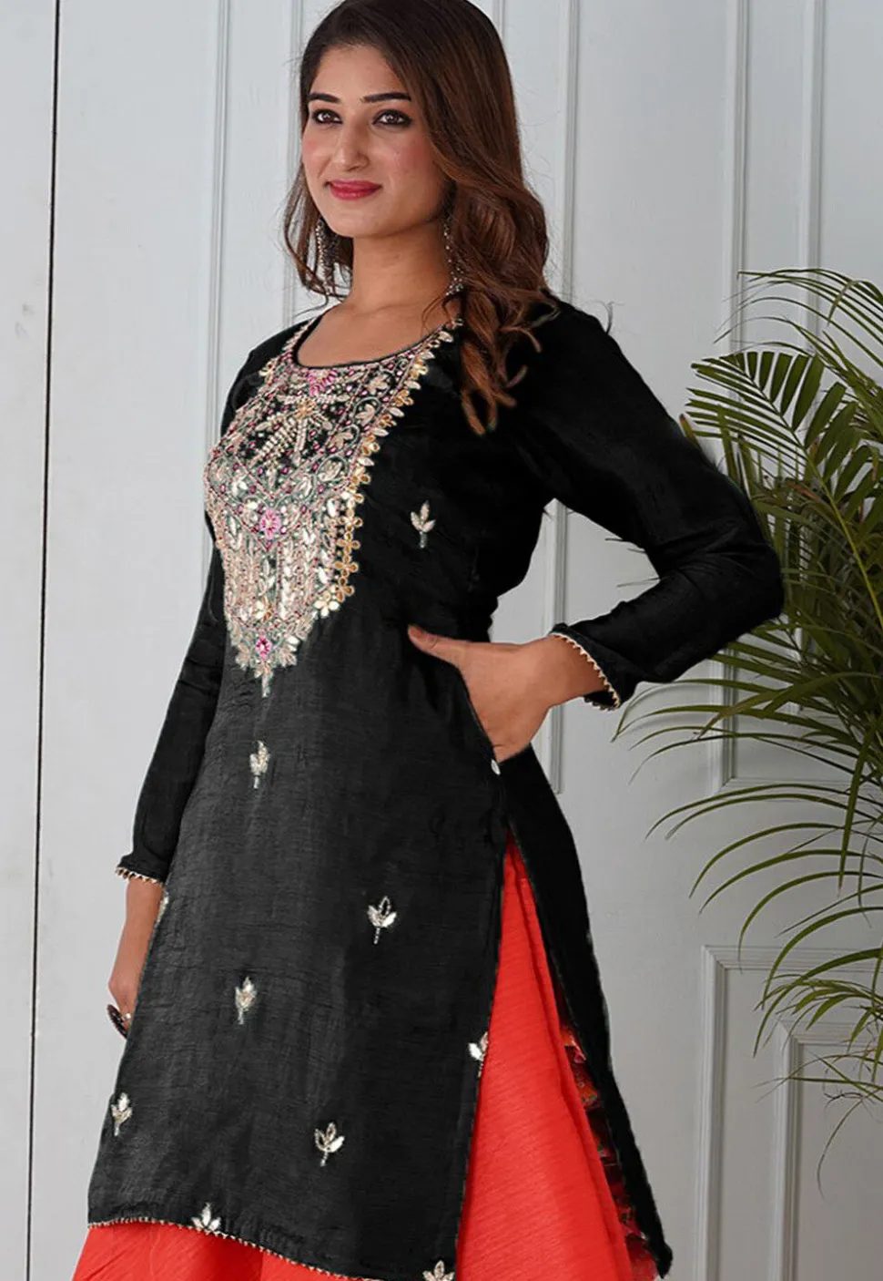 Embroidered Uppada Silk Straight Kurta in Black