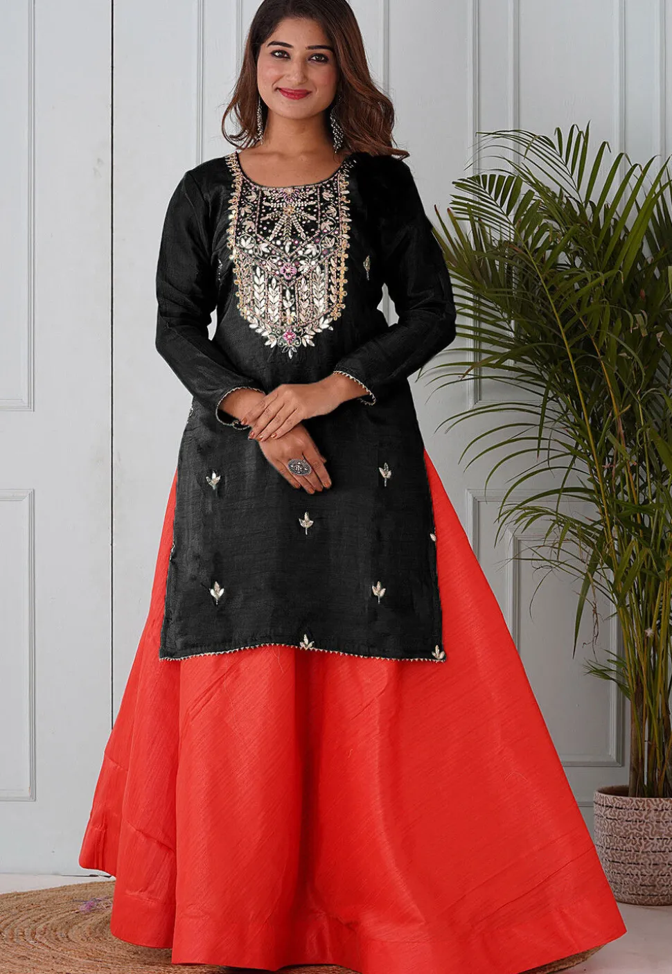 Embroidered Uppada Silk Straight Kurta in Black