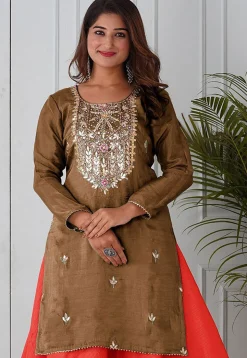 Embroidered Uppada Silk Straight Kurta in Brown