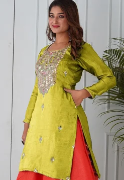 Embroidered Uppada Silk Straight Kurta in Light Olive Green