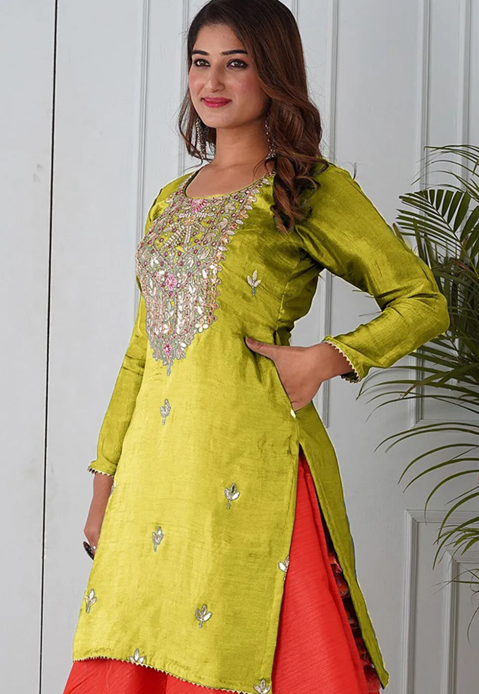 Embroidered Uppada Silk Straight Kurta in Light Olive Green