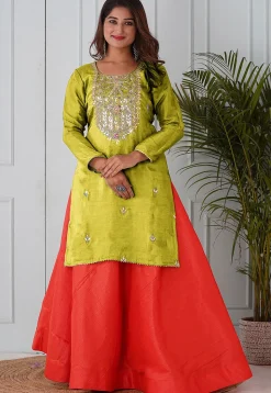 Embroidered Uppada Silk Straight Kurta in Light Olive Green