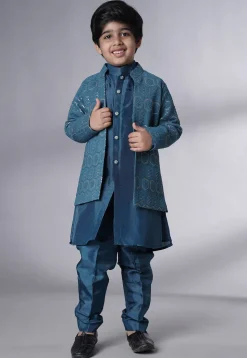Embroidered Uppada Silk Sherwani Set in Teal Blue