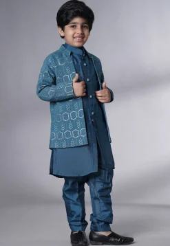Embroidered Uppada Silk Sherwani Set in Teal Blue