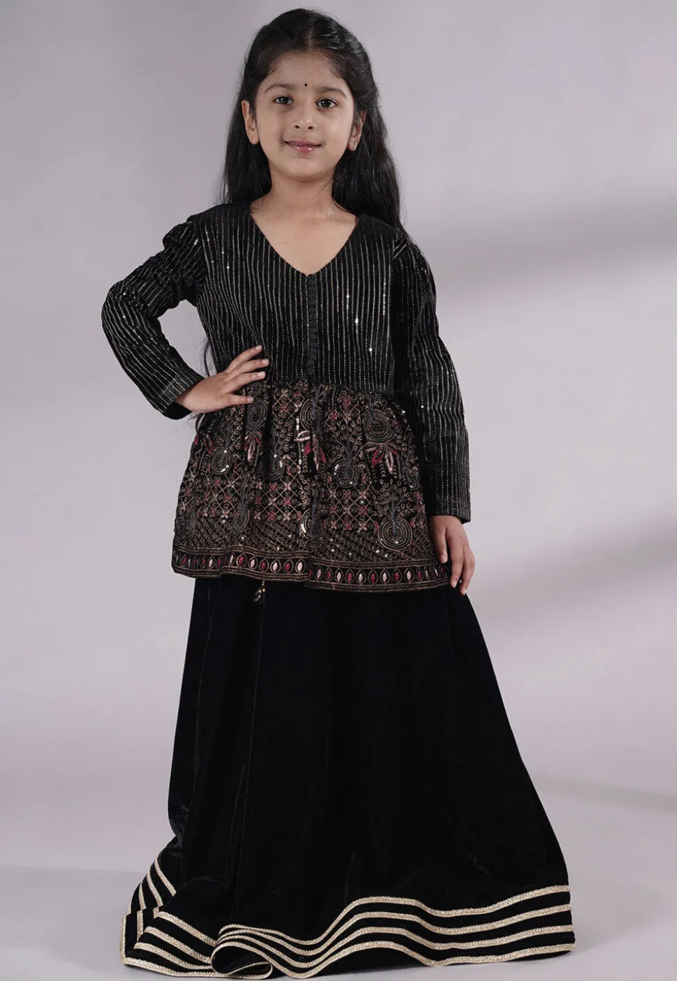Embroidered Velvet A Line Kurta Set in Black