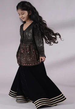 Embroidered Velvet A Line Kurta Set in Black