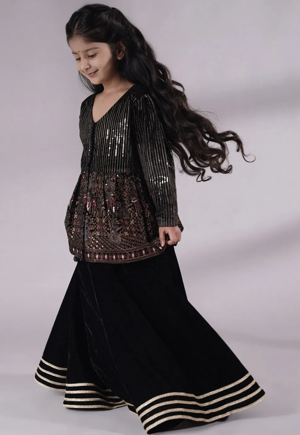 Embroidered Velvet A Line Kurta Set in Black