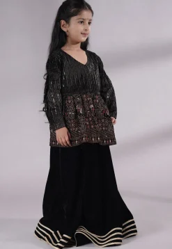 Embroidered Velvet A Line Kurta Set in Black