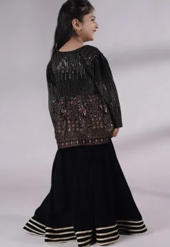 Embroidered Velvet A Line Kurta Set in Black