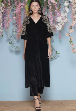 Embroidered Velvet A Line Kurta Set in Black