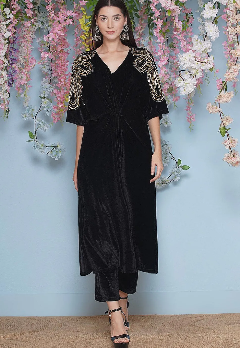 Embroidered Velvet A Line Kurta Set in Black