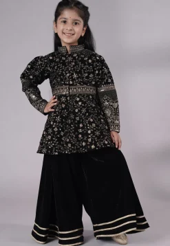 Embroidered Velvet A Line Kurta Set in Black