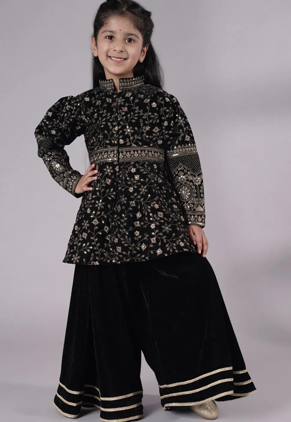 Embroidered Velvet A Line Kurta Set in Black