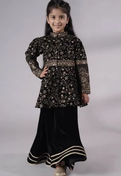 Embroidered Velvet A Line Kurta Set in Black