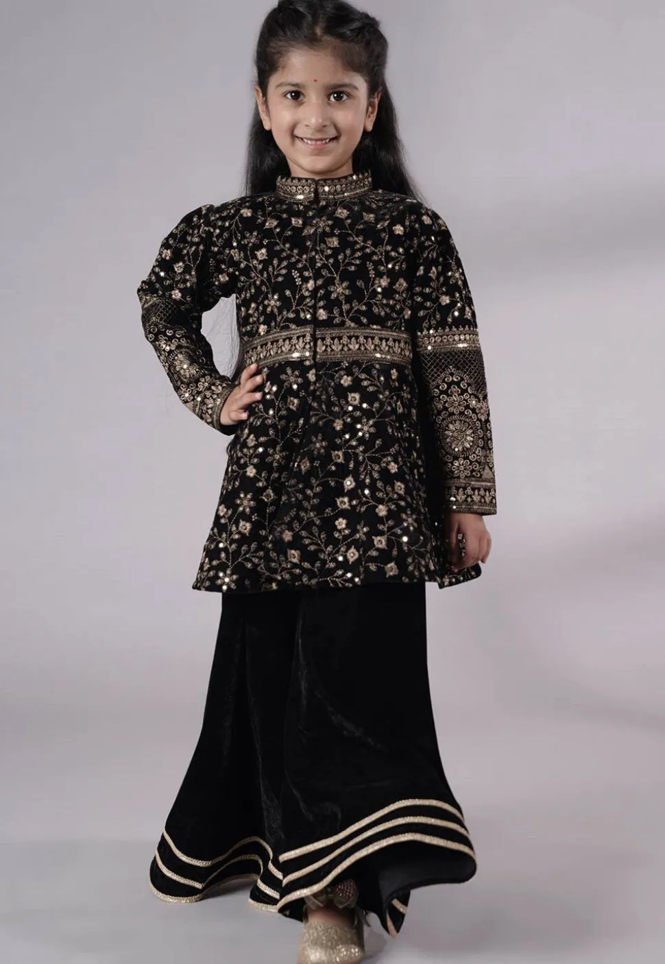 Embroidered Velvet A Line Kurta Set in Black