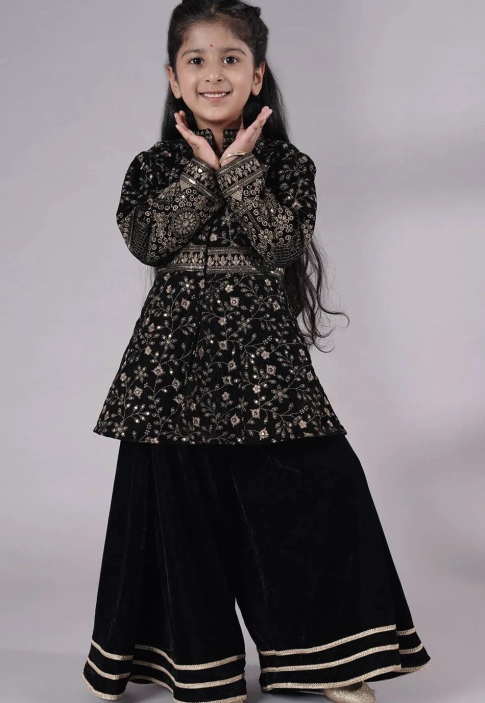 Embroidered Velvet A Line Kurta Set in Black